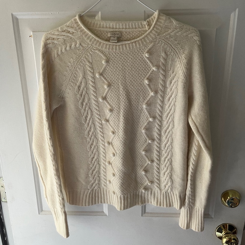 J Crew cream cable knit Pom Pom sweater